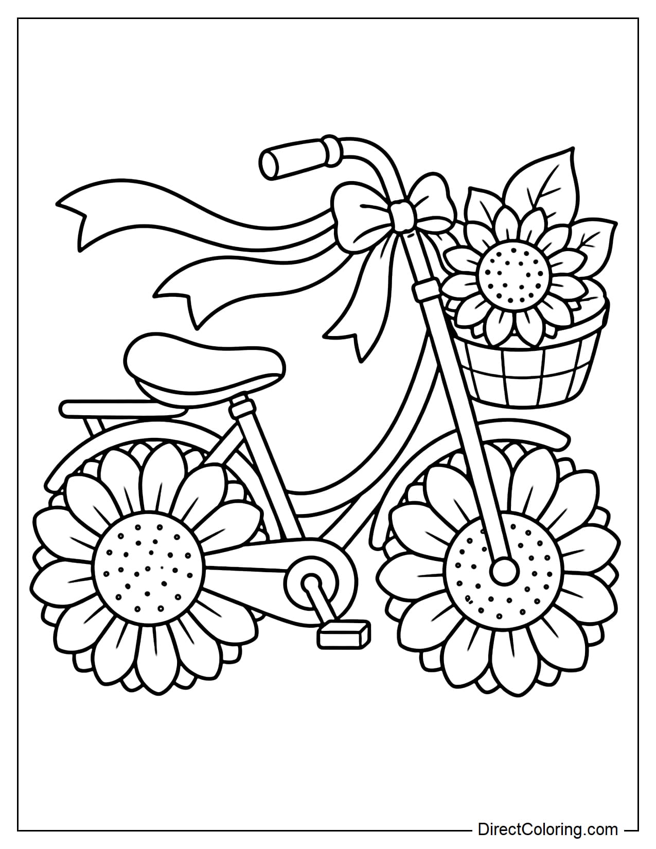A bicycle with two large sunflower-shaped wheels. A small front basket holds a sunflower and two leaves, while a ribbon tied to the handlebars flows gently backward.