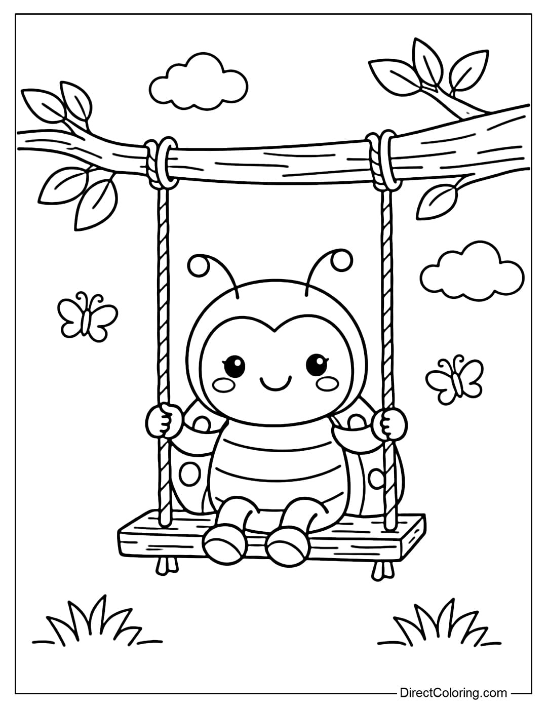 A coloring page of a ladybug sitting on a swing hanging from a tree branch.