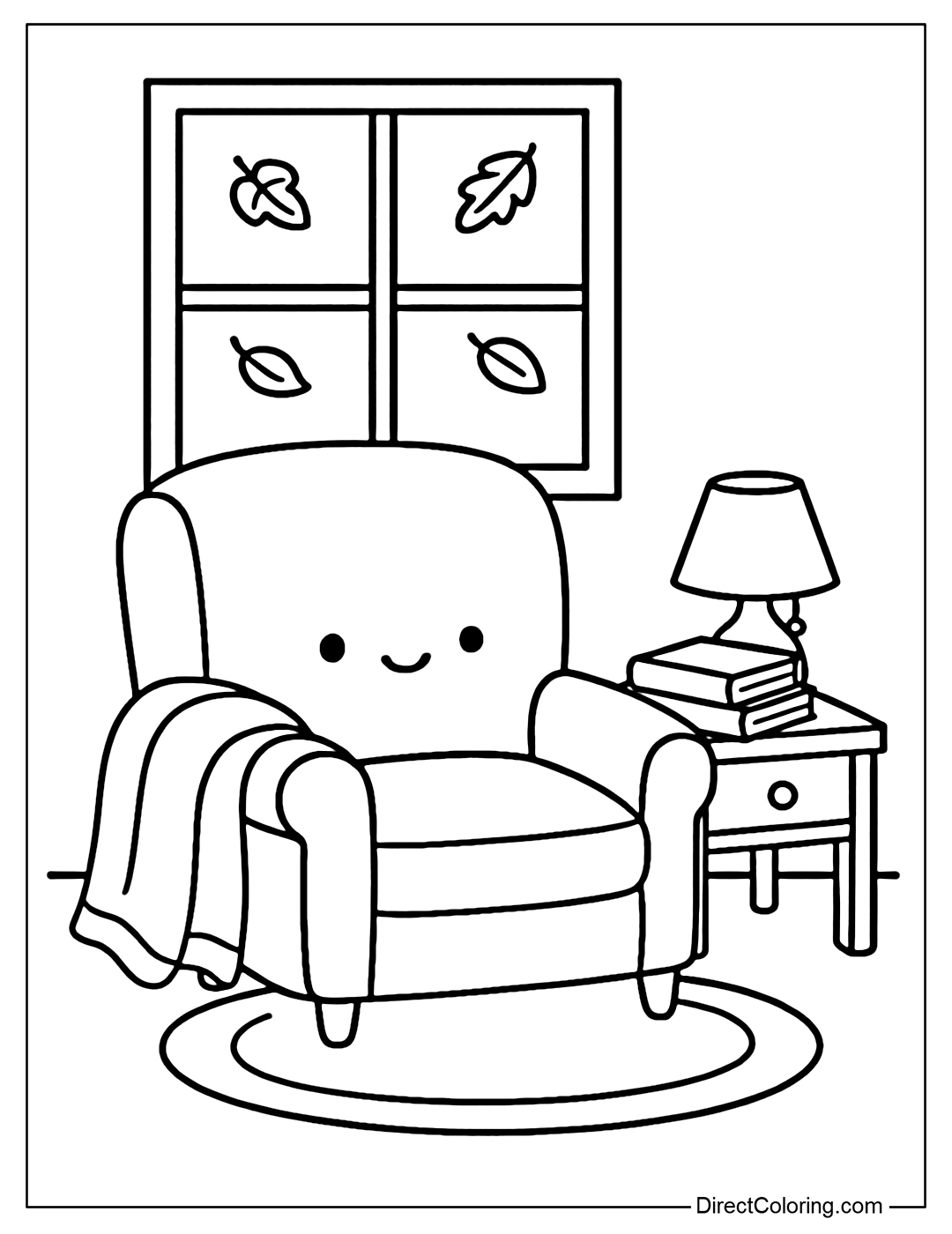 Coloring page of a peaceful reading corner with an armchair, a thin blanket and a window with fallen leaves outside the porch.