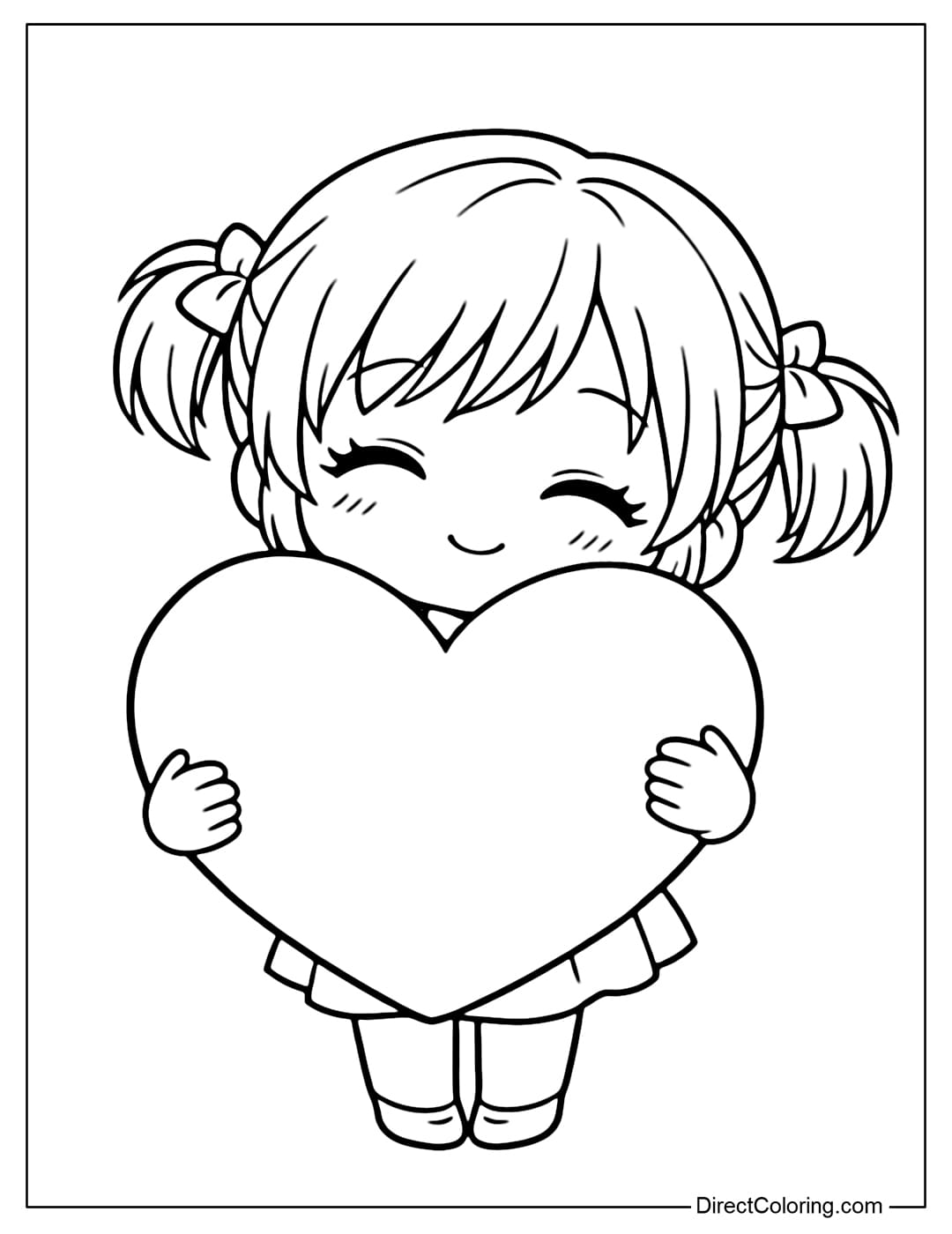 A coloring page of a chibi-style girl with pigtails, holding a large heart tightly against her chest, her head slightly tilted.
