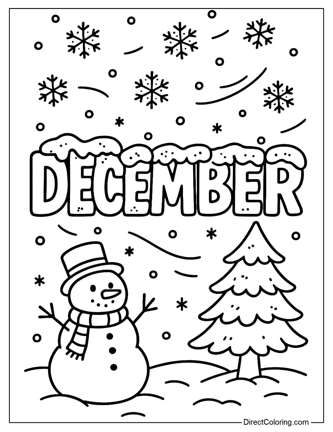 A DECEMBER coloring page with a thick border covered with white snow. The background is surrounded by a snowman, a pine tree and streaks of flying snow