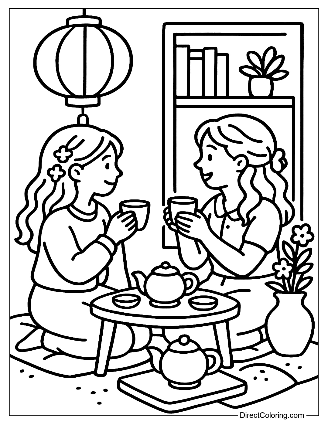 Coloring page of two friends sitting on cushions in the tea room, drinking tea and chatting, surrounded by books, cakes and flowers.