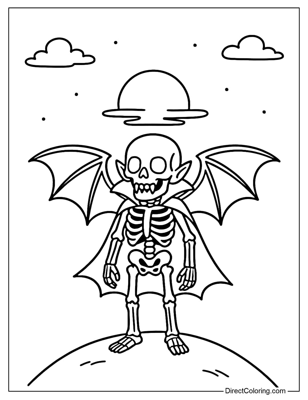 Coloring page of a vampire skeleton with bat wings, small fangs, standing on a hill at sunset.