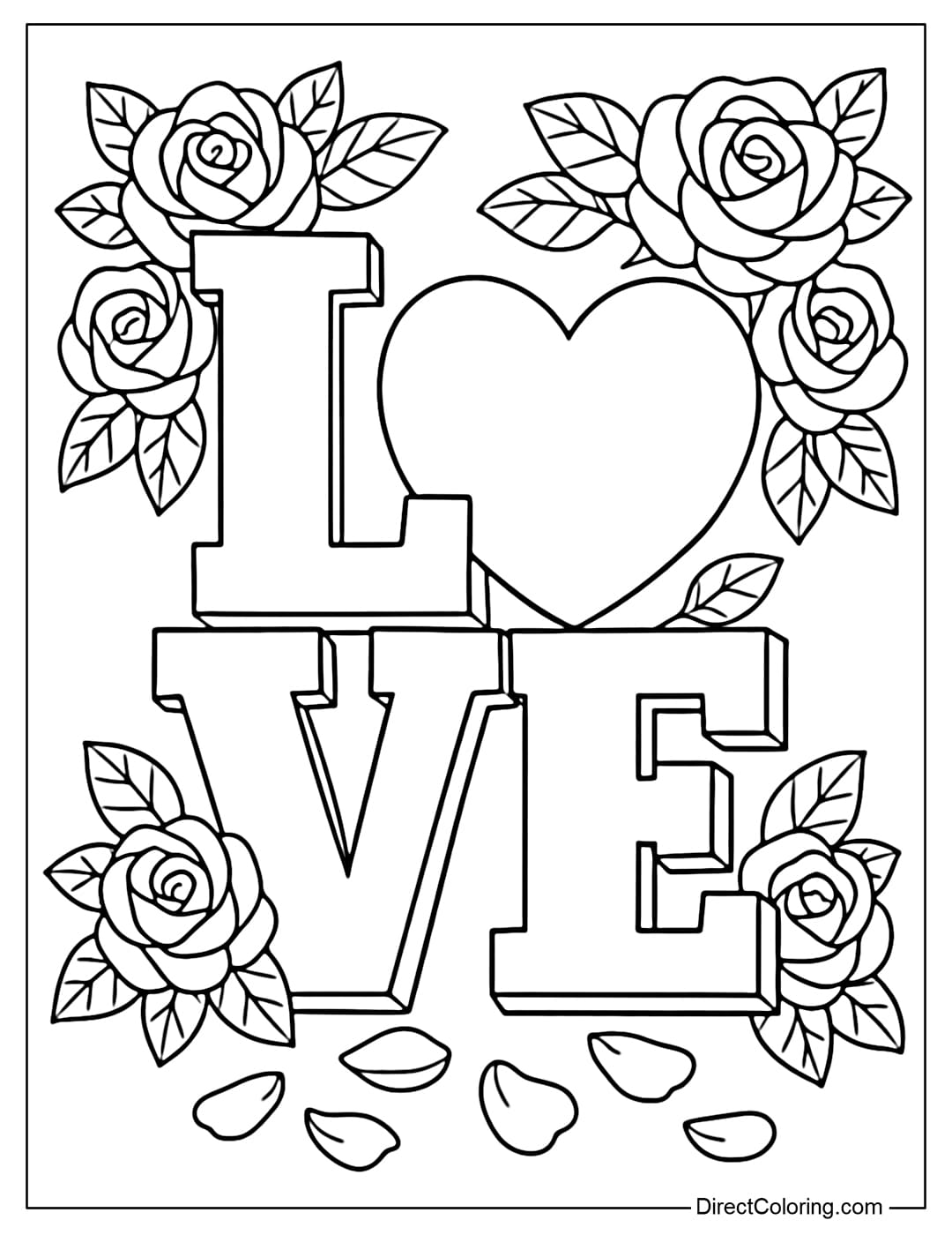 A coloring page for the word LOVE with clearly defined blocks, the letter O replaced by a large heart, surrounded by simple roses and leaves.
