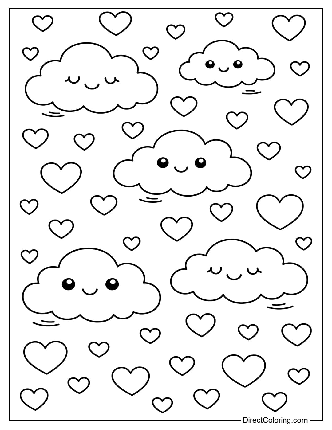A coloring page of adorable round clouds floating in the sky with many large and small hearts.
