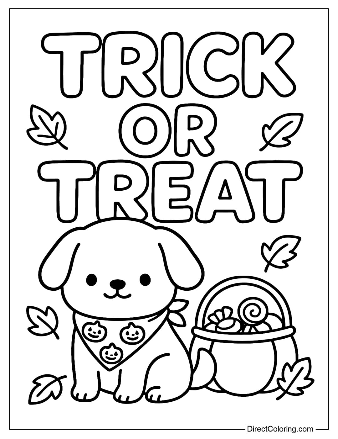 Coloring page of a little dog wearing a pumpkin scarf, sitting next to a candy basket with the word Trick or Treat written on the back.