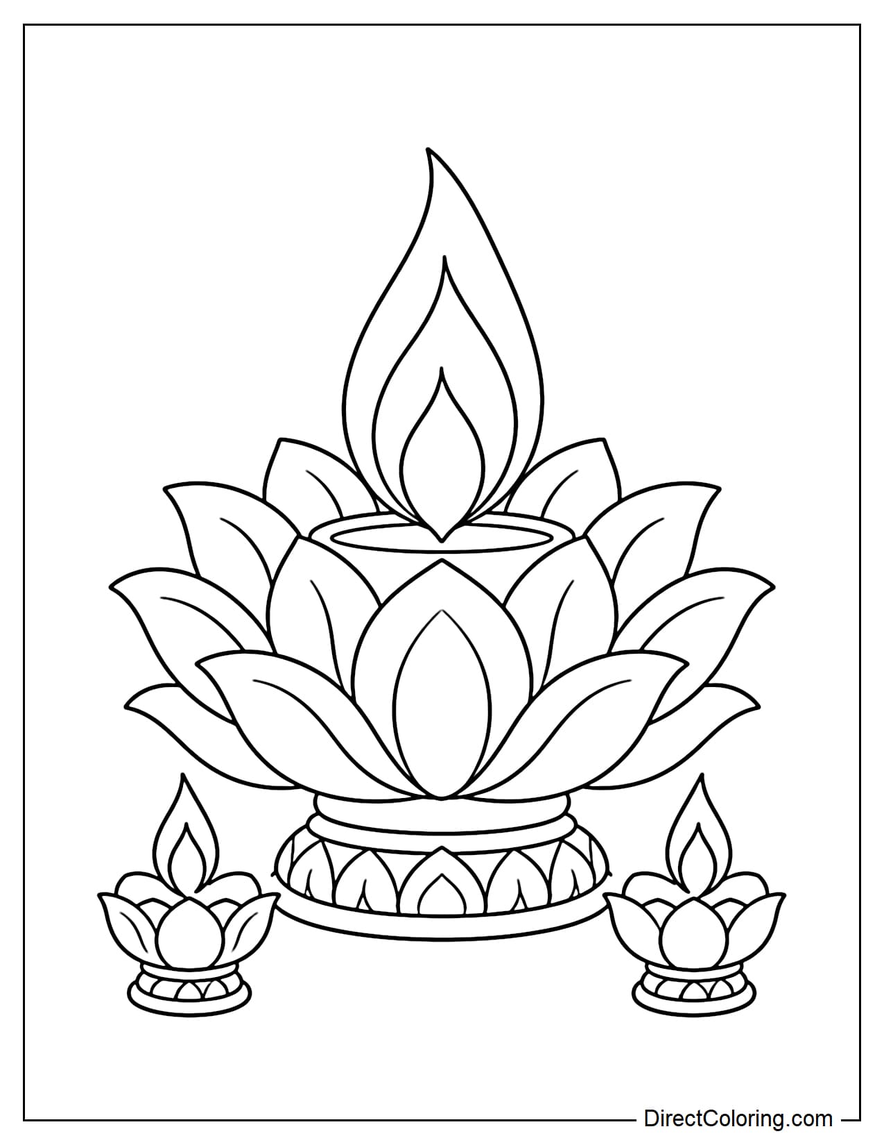 A giant lotus-shaped diya lamp with three layers of large overlapping petals and a teardrop-shaped flame in the center. A decorated round base supports the lamp, with two smaller diyas on either side.