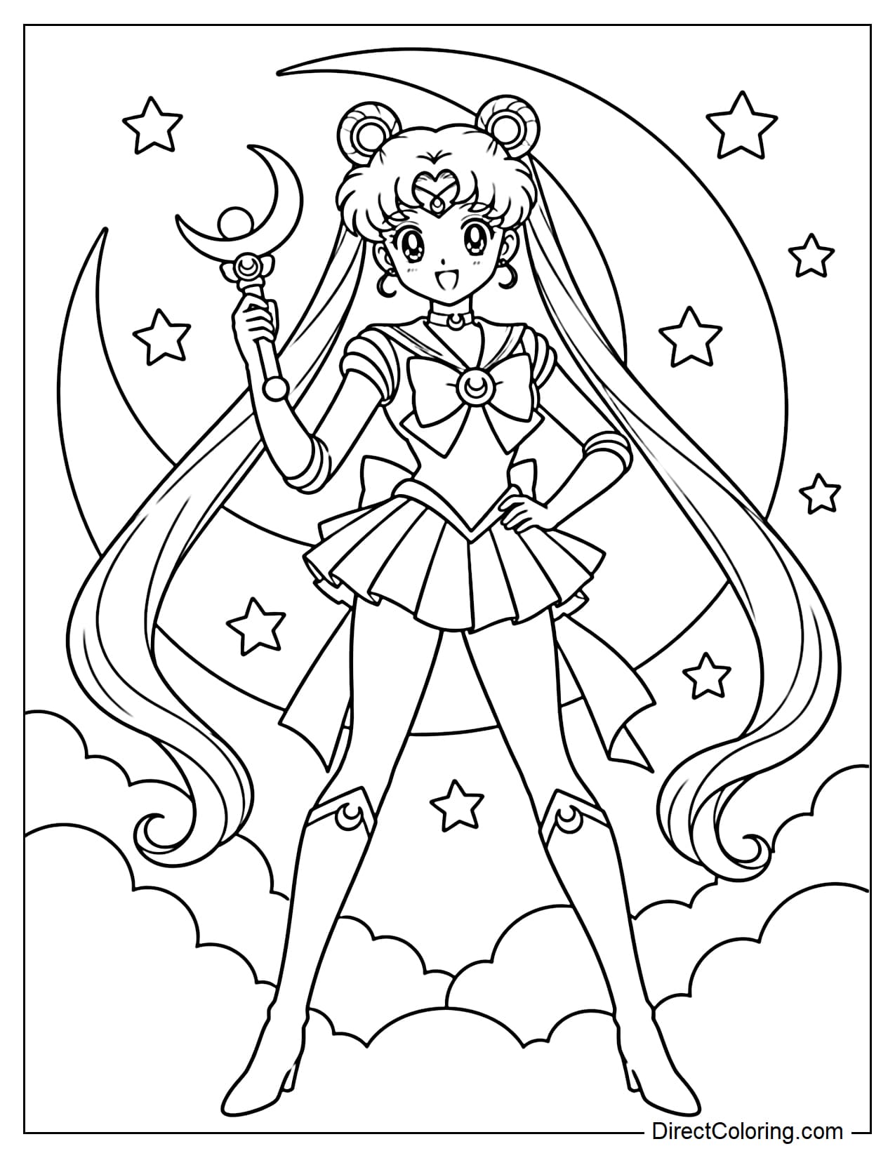 Sailor Moon (Usagi Tsukino) stands in her signature Sailor Guardian pose, holding the magical Moon Stick with a crescent moon symbol in one hand while resting her other hand gently on her hip. Behind her is a large crescent moon, surrounded by a few stars and fluffy clouds.