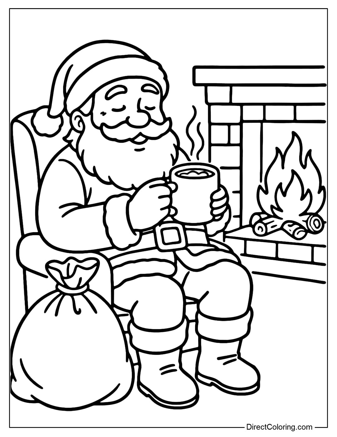 Santa Relaxing after Christmas Night Coloring Page Santa Claus coloring page is sitting by the fireplace after the night of giving gifts, holding a cup of hot cocoa, next to an empty gift bag.