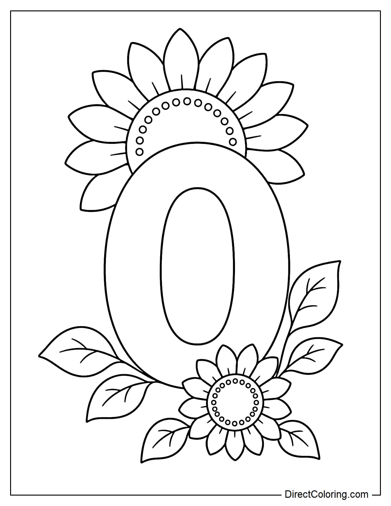 A simple, large number 0, with a sunflower peeking out from behind the top of the number, and a small, slightly off-center sunflower in front of the number's base, interspersed with a few simple leaves.