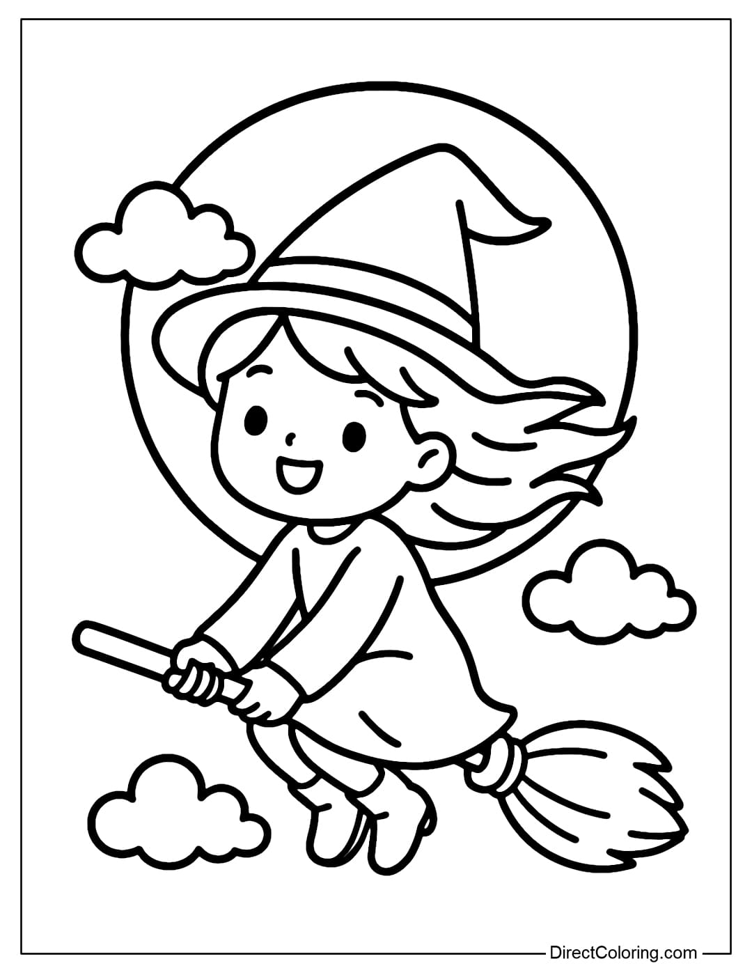 A young witch riding a broomstick flying over a bright full moon, surrounded by a few clouds.