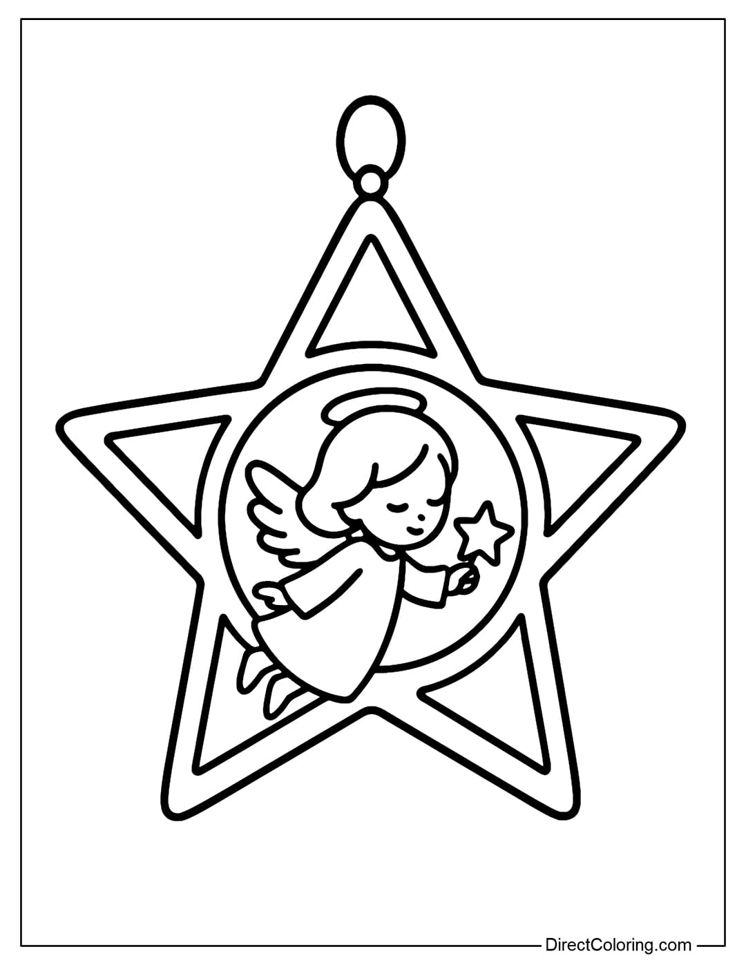 Coloring page of an angel flying in a star frame.