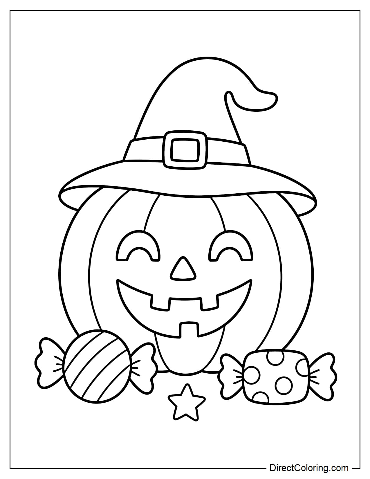 A large jack-o'-lantern with a cheerful smiling face, wearing a witch hat, with two large candies and a small star beside it.
