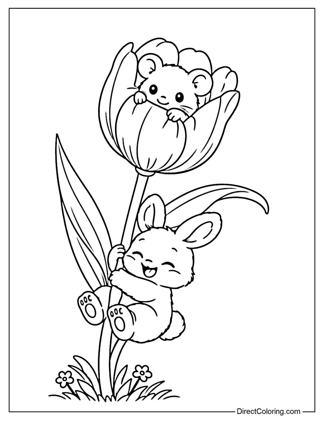 A coloring page featuring a cute little bunny hugging a tulip stem, with an adorable little mouse hiding inside the tulip and looking down.