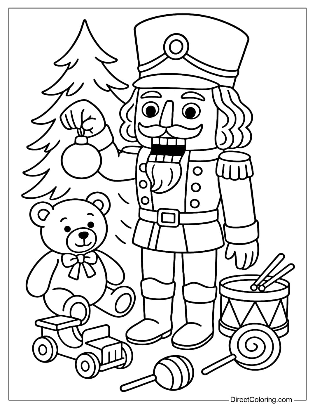 Nutcracker is holding a small ornament for the tree. Surrounded by some Christmas toys.