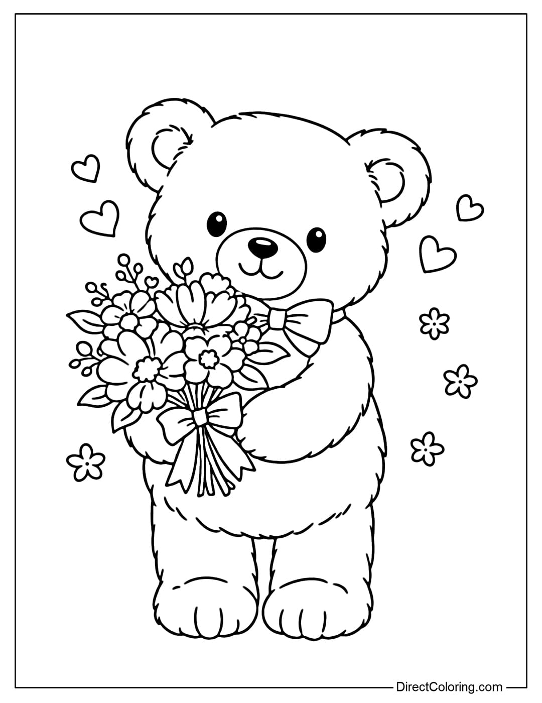 A coloring page featuring a teddy bear holding flowers for Women's Day.