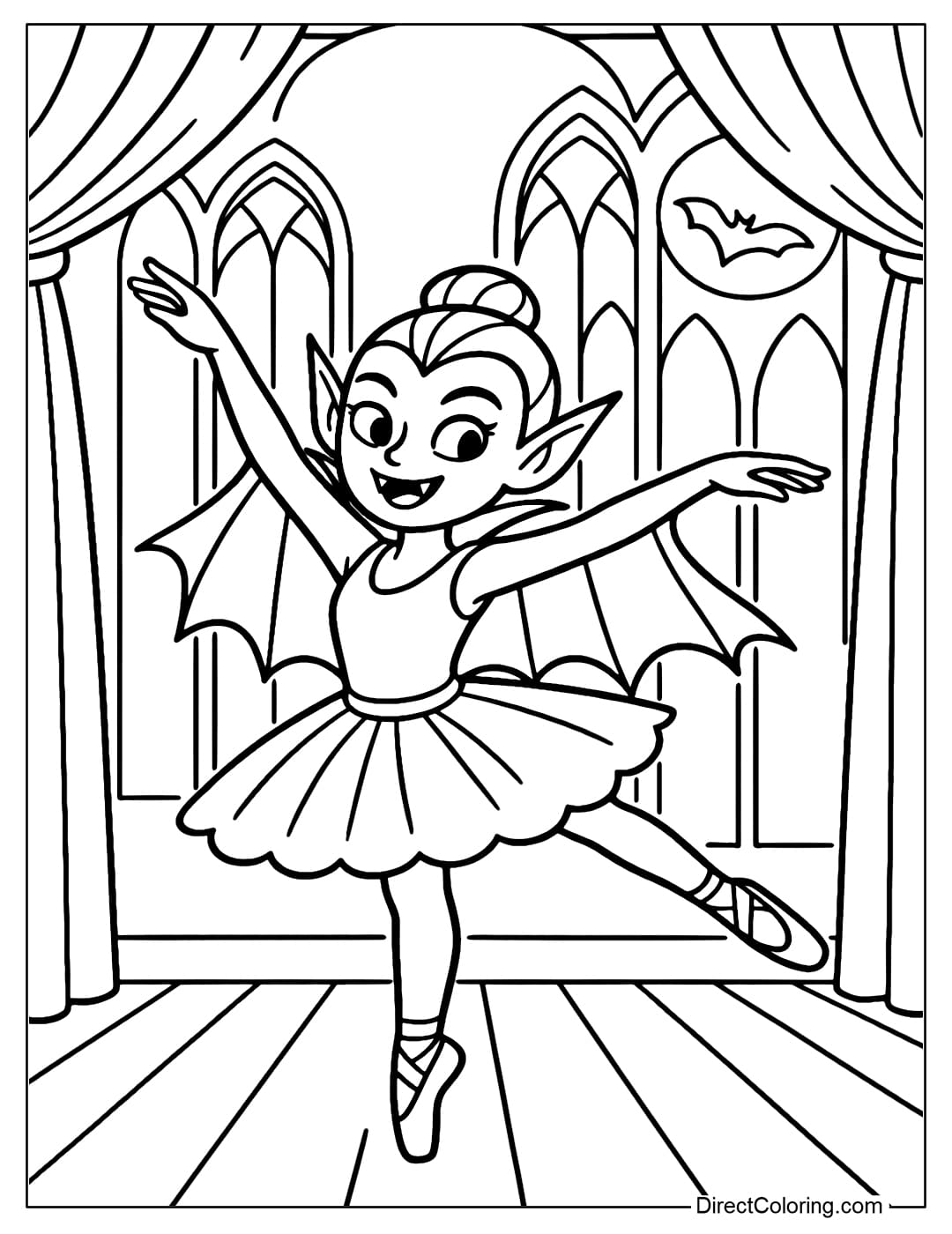 Vampire Ballerina Coloring Page A vampire coloring page wearing a ballet dress, dancing on the stage with a gothic scene.
