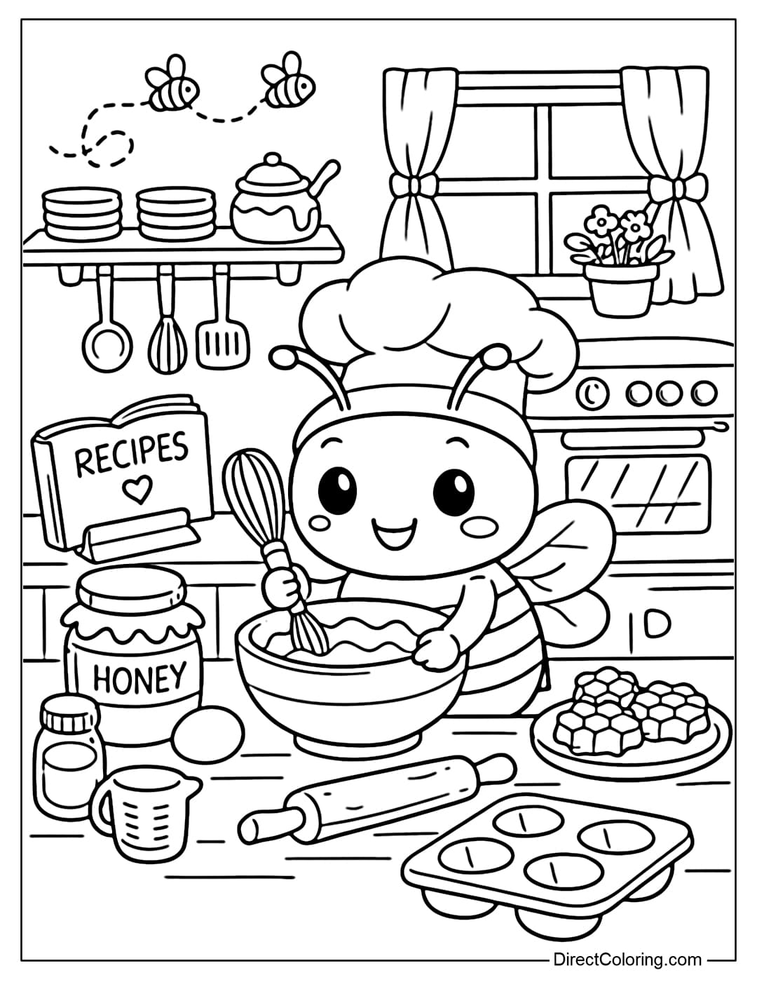 A coloring page featuring a bee baking honeycake in a charming little kitchen.