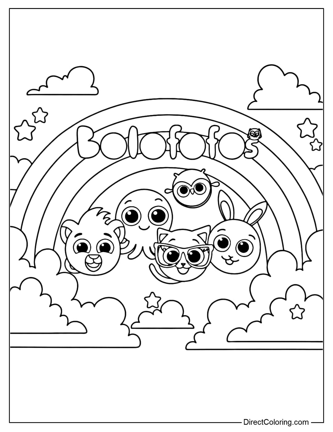 Coloring page of Bolofofos characters having fun under a bright rainbow.