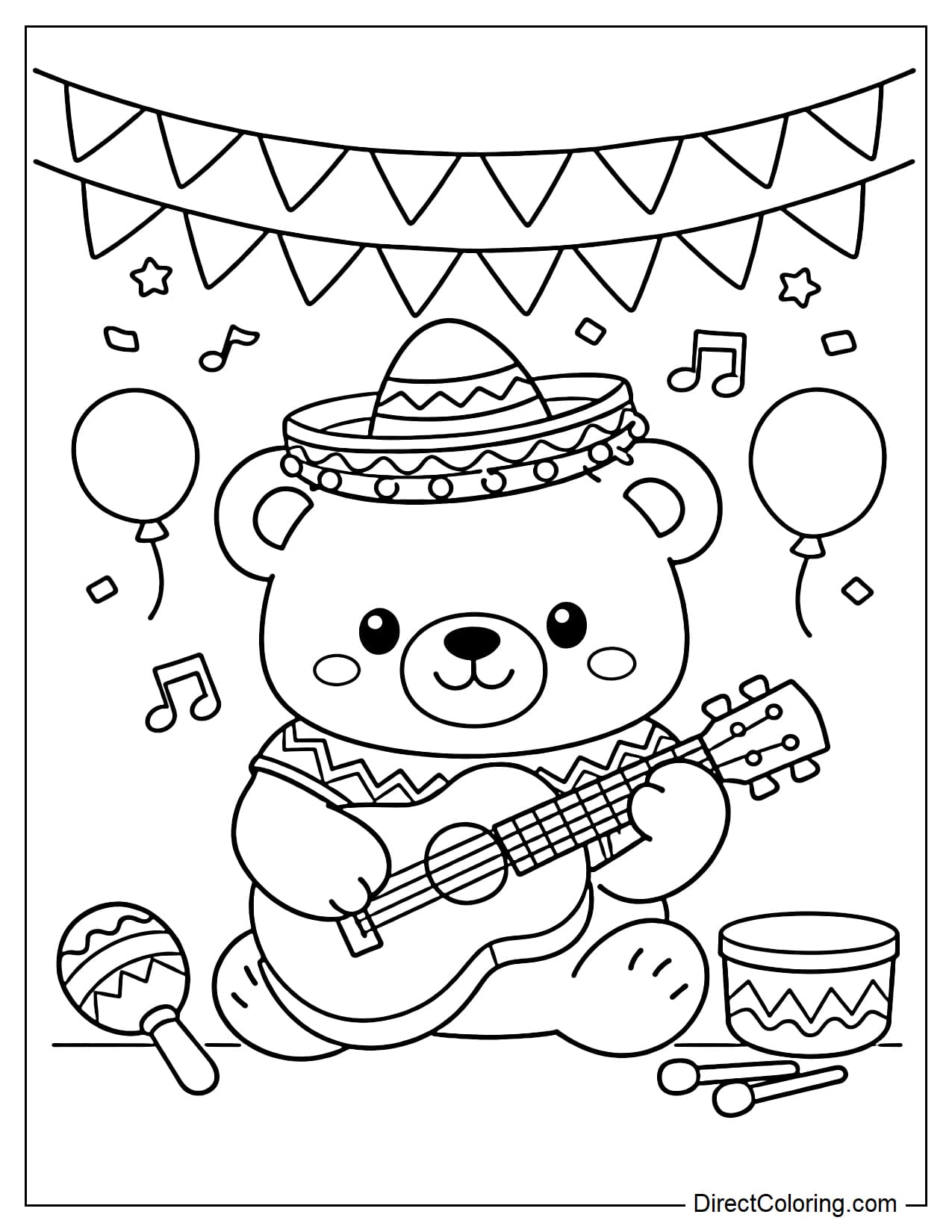 An adorable bear wearing a sombrero hat happily plays a guitar to celebrate Cinco de Mayo, with a small drum and maracas beside it.