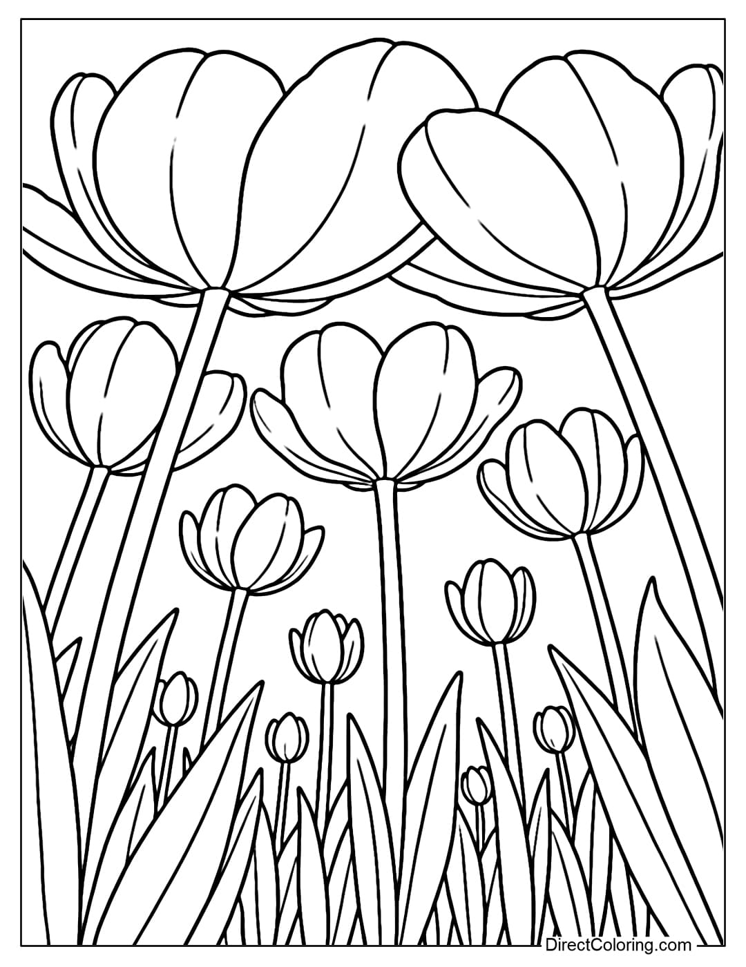 A coloring page with a view from below the tulip garden looking up, giant white flowers near the eye, petals covering the sky.