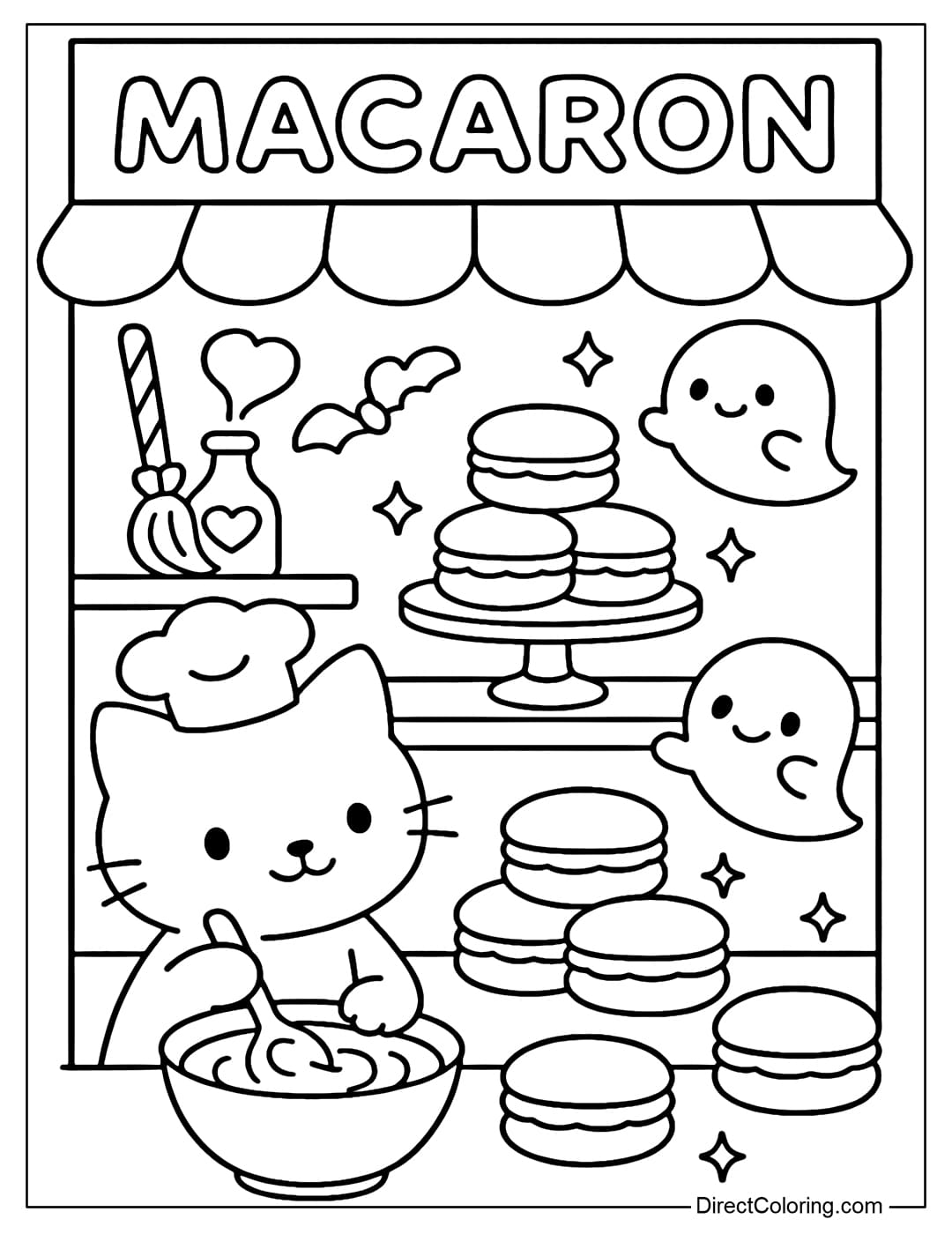 Macaron Witch Bakery Coloring Page, little cat in chef's hat stirring cream, little ghost flying around helping to decorate the cake.