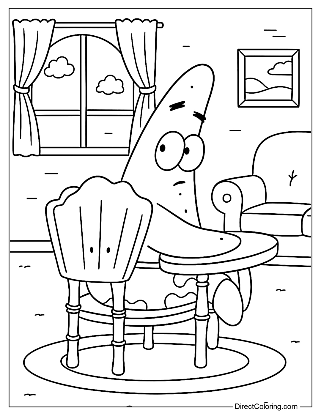 Coloring Page of Patrick Star sits quietly at a round table in a cozy living room, looking puzzled as he gazes out the window.