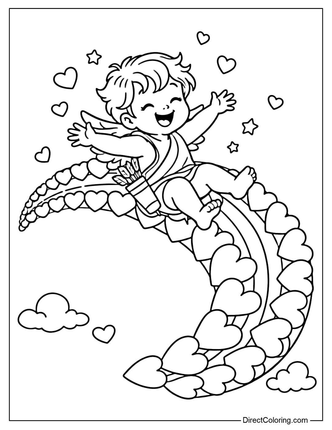 A coloring page of Cupid sliding on a rainbow made of interconnected hearts.
