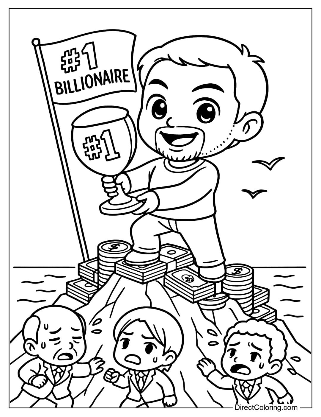Larry Ellison on the Money Mountain Coloring Page Coloring page Chibi Larry Ellison stands on top of a mountain made of money and gold, holding a flag