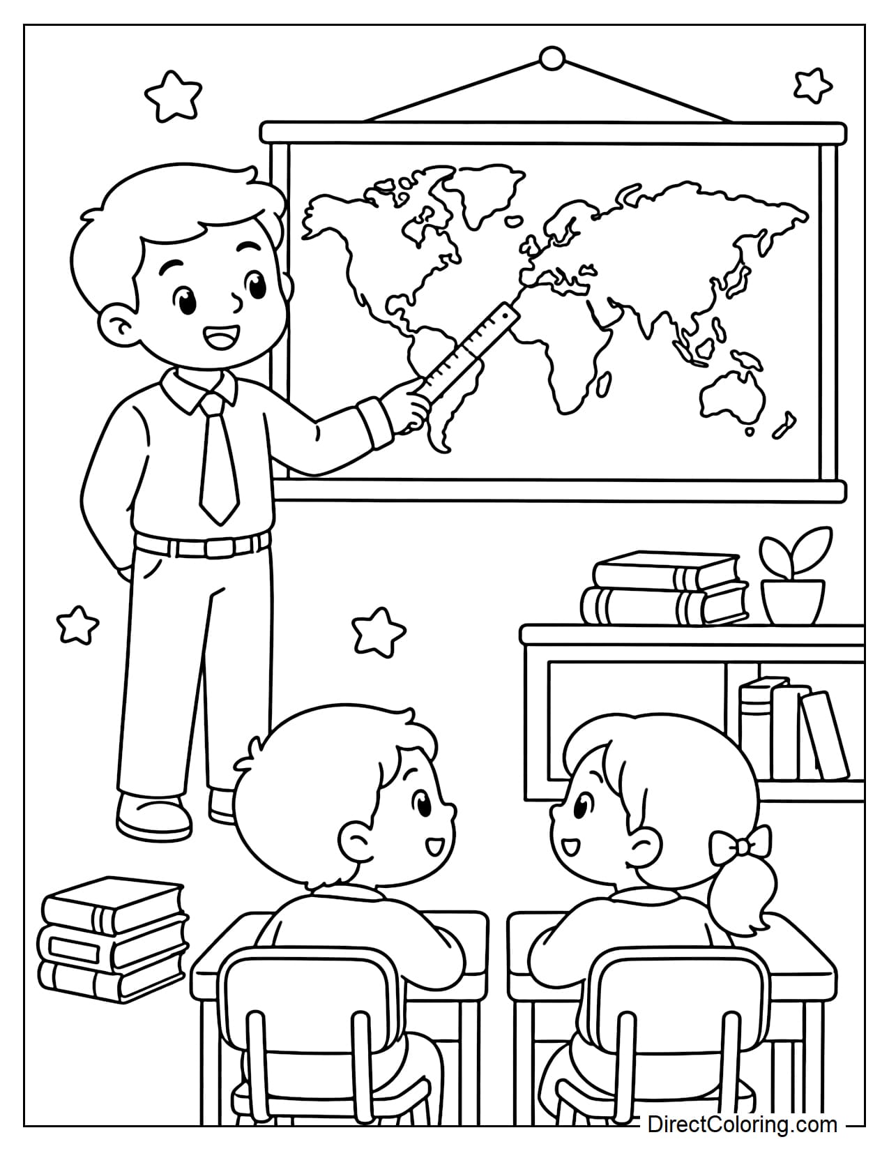 A male teacher is holding a pointer and indicating a world map hanging on the board, while two students sit below and look up at it.