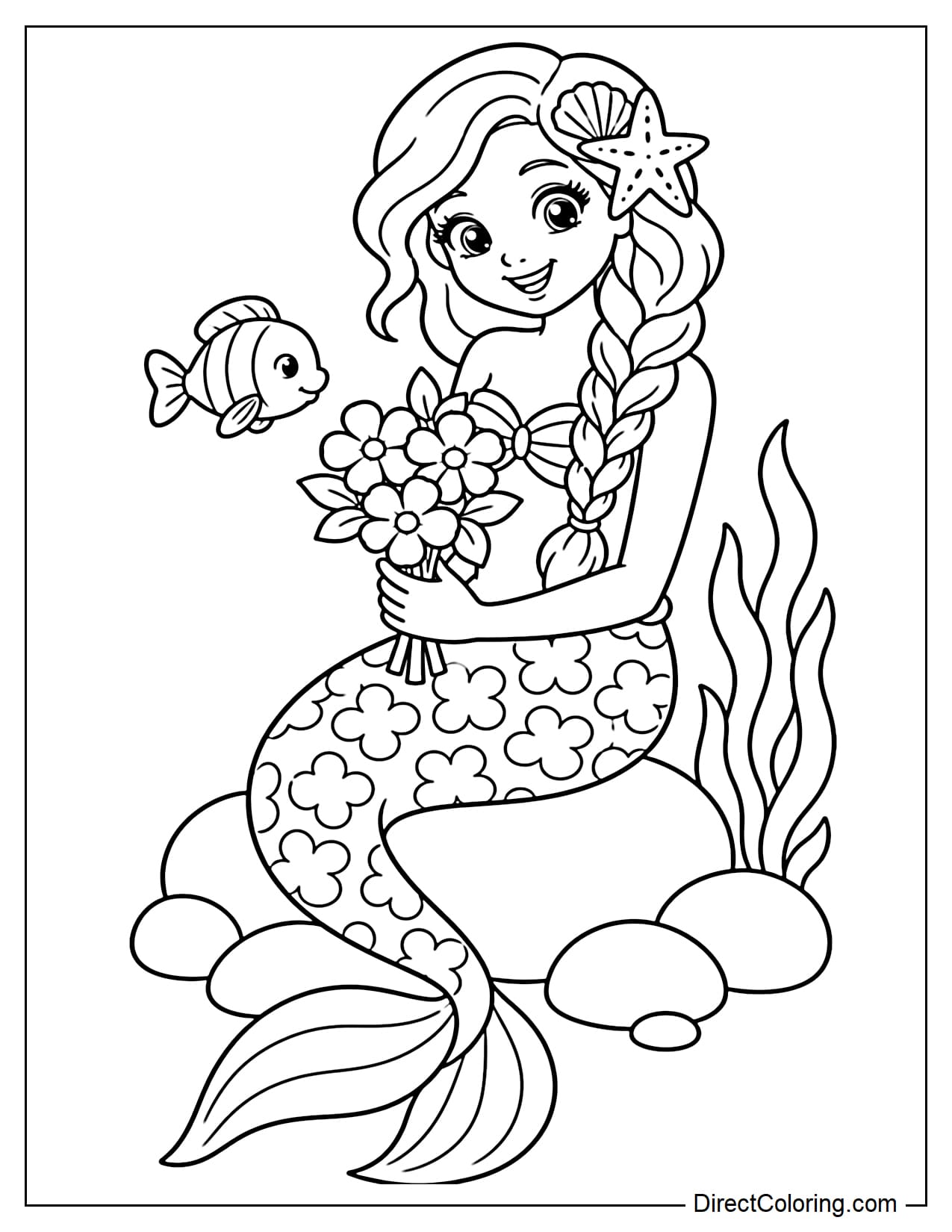A mermaid with long braided hair, adorned with a seashell and a starfish, holding a bouquet of flowers, is sitting on a round rock, with a small fish and some seaweed beside her.