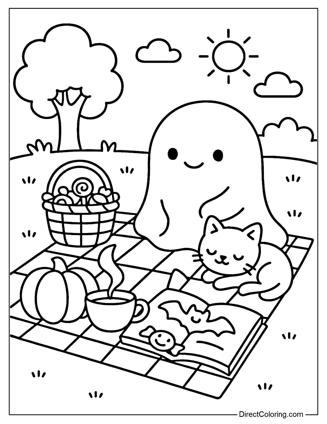 Garden picnic coloring page, ghost and cat sitting on checkered towel, candy basket, pumpkin and bat shaped cookies.