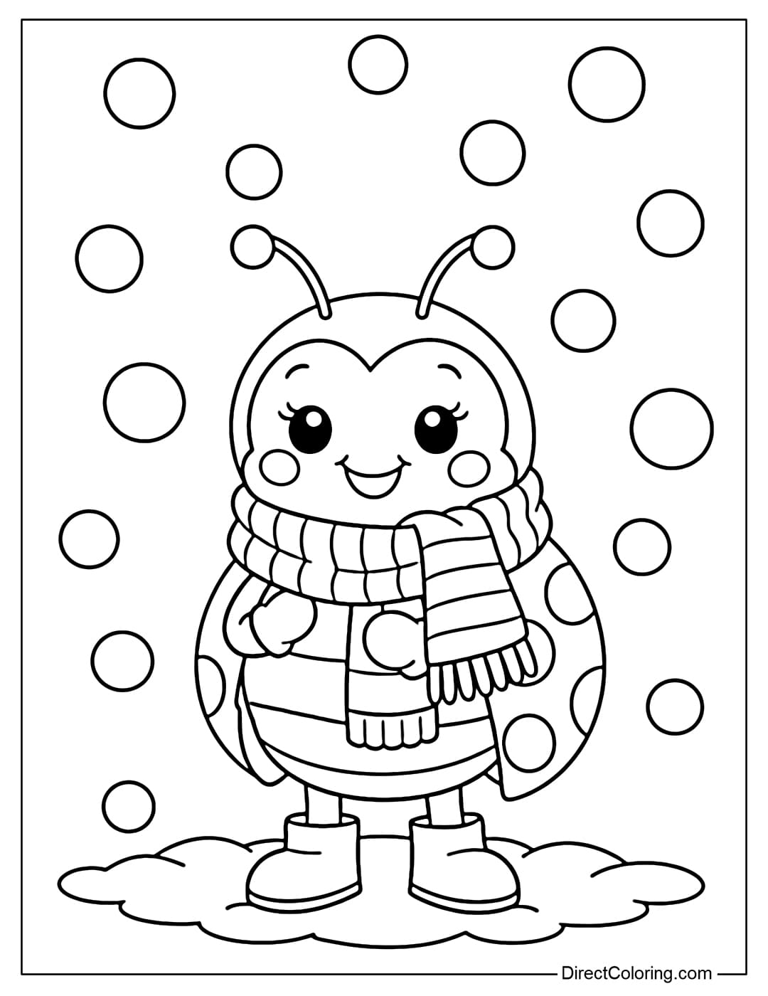 A coloring page of a ladybug wearing a wool scarf, standing under falling snowflakes.