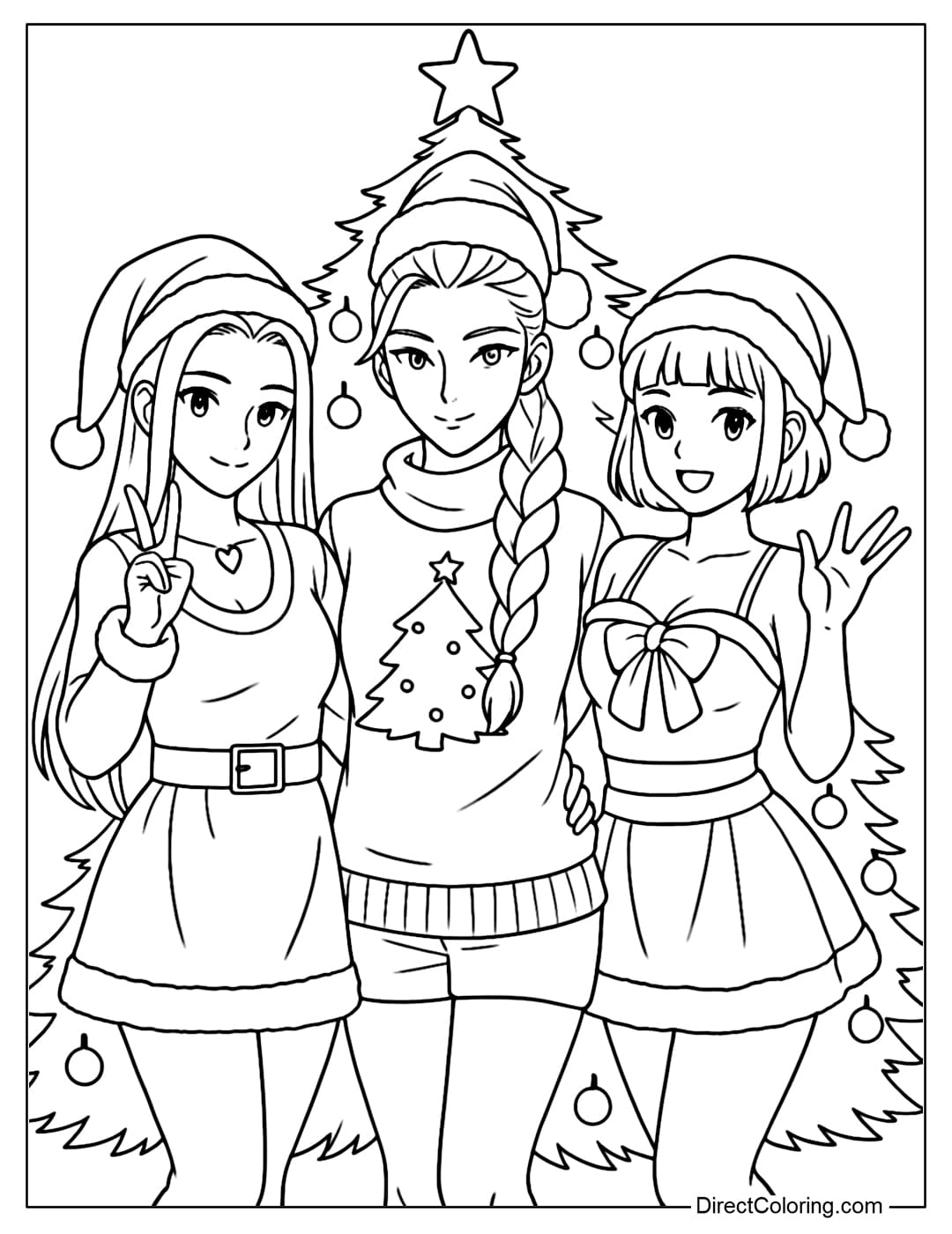 Rumi, Zoey and Mira coloring page wearing Santa hats standing close together in front of the Christmas tree.