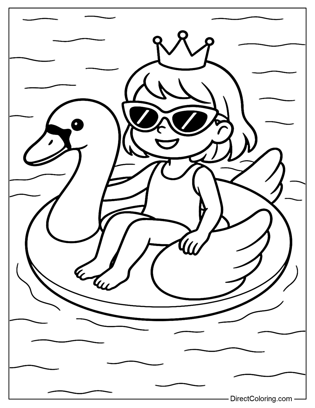 Coloring page of a baby sitting on a large white swan float, wearing a crown and fashionable goggles in a swimming pool.