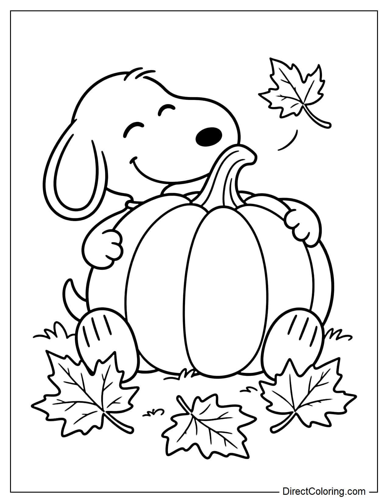 Snoopy sits hugging a large pumpkin with five rounded sections, wrapping both arms around it and tilting his head happily. His feet are visible beneath the pumpkin, with three large maple leaves around him.