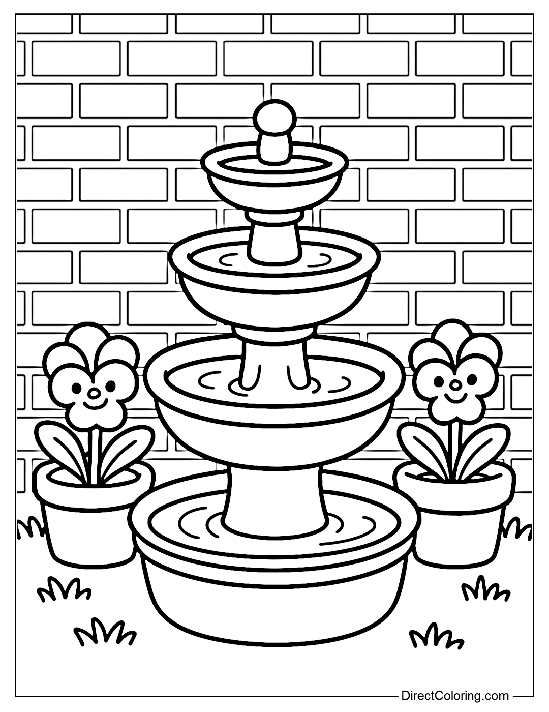 Coloring page of a fountain in front of a red brick wall, with purple and yellow pansy pots on both sides, and green grass at the foot of the wall
