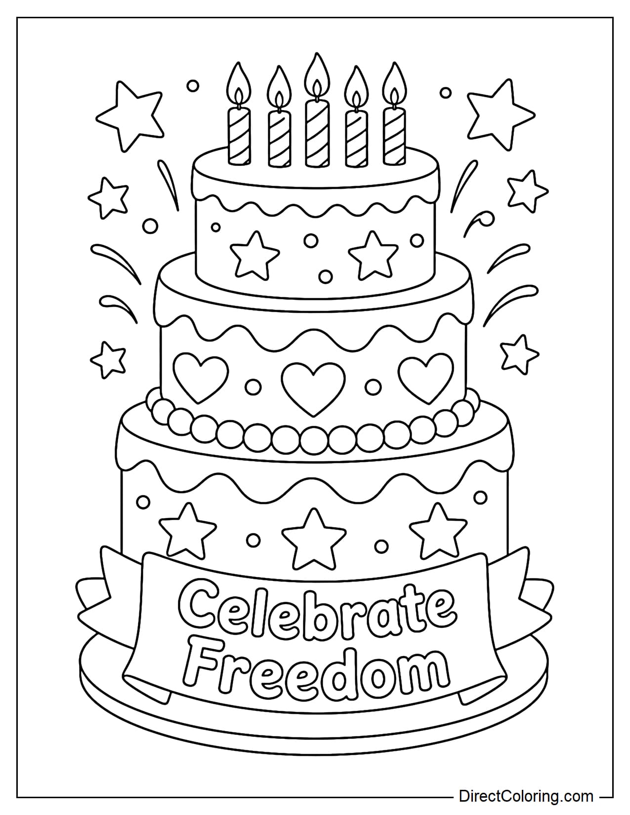 A multi-tiered Juneteenth celebration cake with candles, a star, and the words 