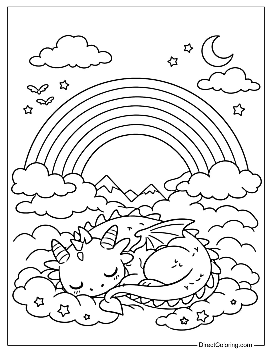 A coloring page with a large rainbow in the sky, below which a sleeping dragon curled up beside the clouds.