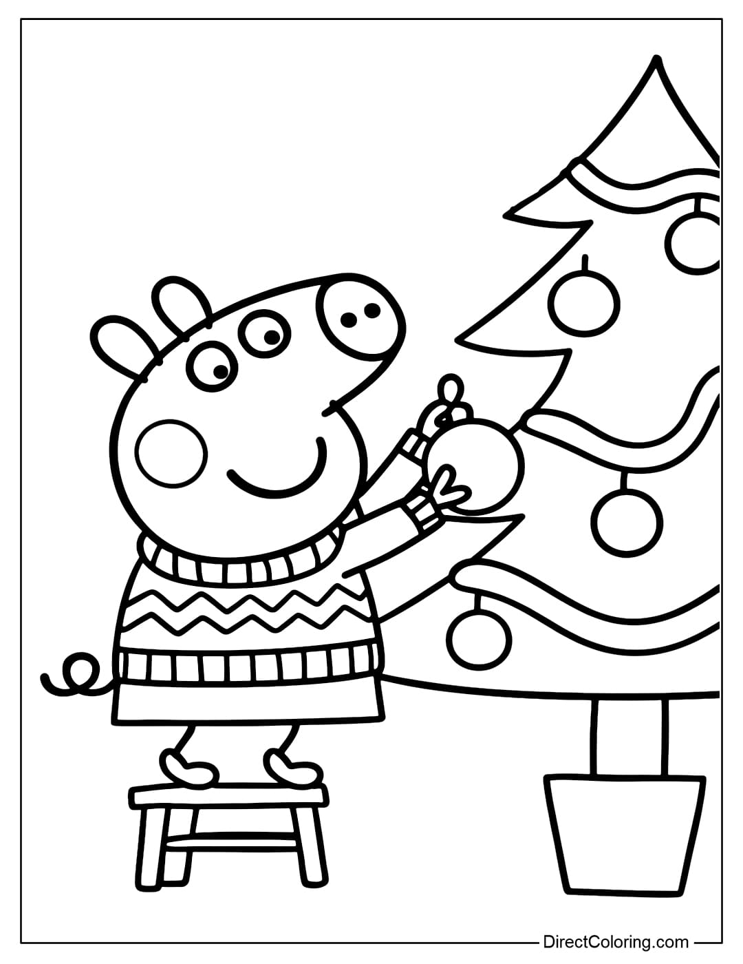 Coloring page Peppa Pig wearing a Christmas sweater, standing on a small chair to hang a big ball on the Christmas tree.