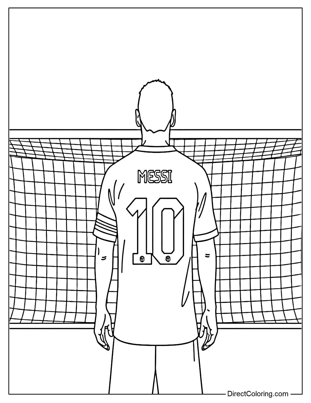 Coloring page of Lionel Messi from behind, highlighting the number 10 on his jersey.