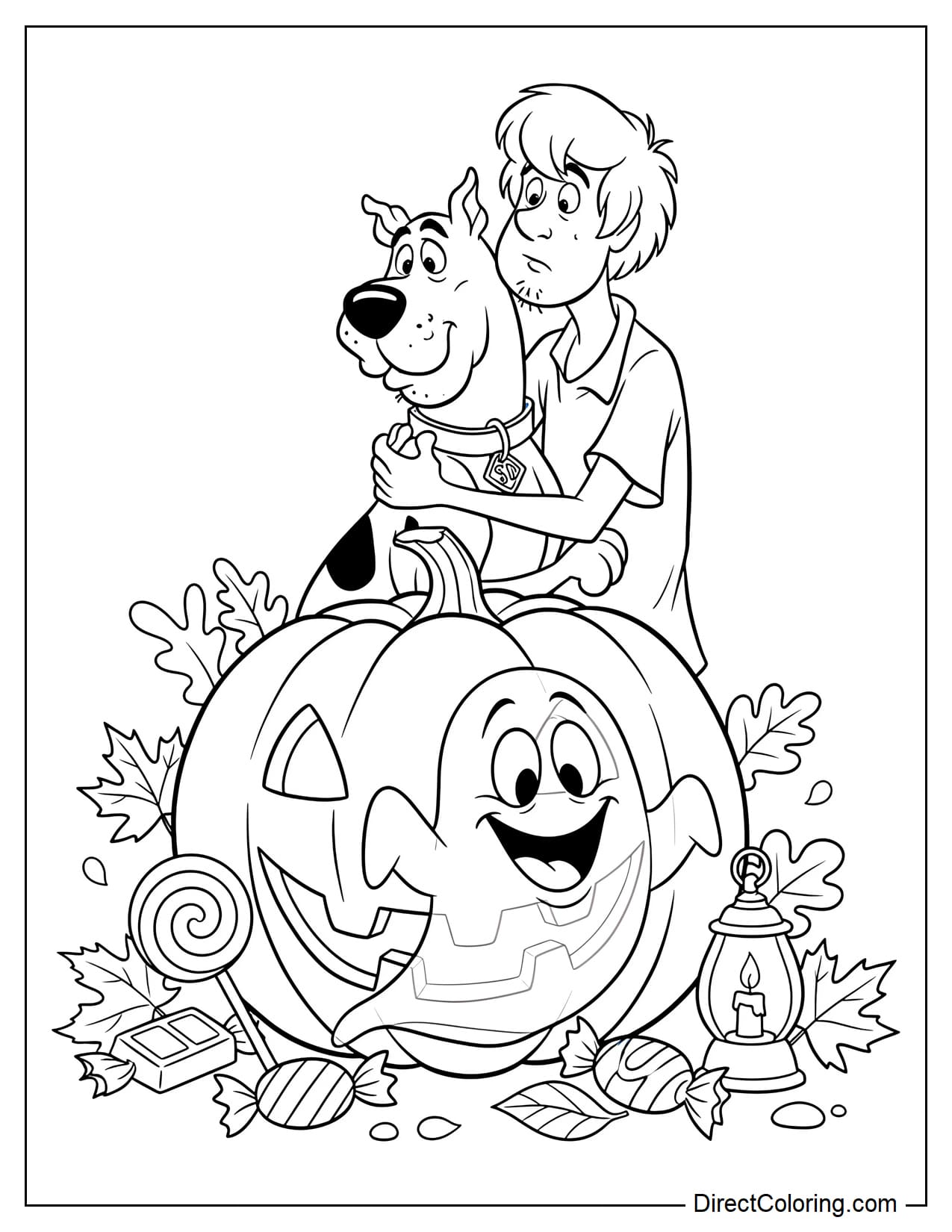 Scooby-Doo and Shaggy are hugging each other while hiding behind a giant Halloween pumpkin, with a friendly ghost in front of them, surrounded by a few candies, autumn leaves, and a small lantern.