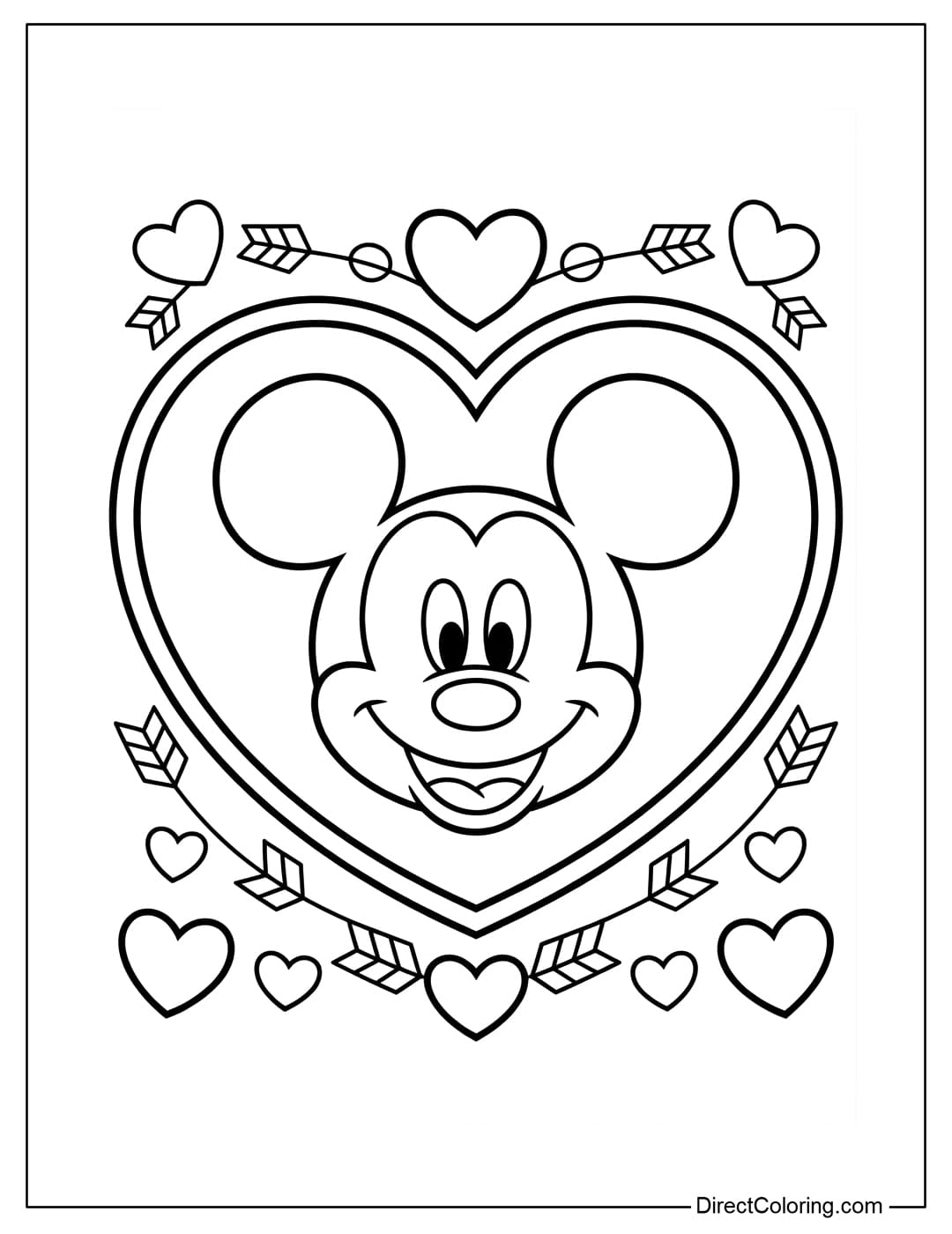 A coloring page featuring Mickey's face nestled within a large heart frame, perfect for children.