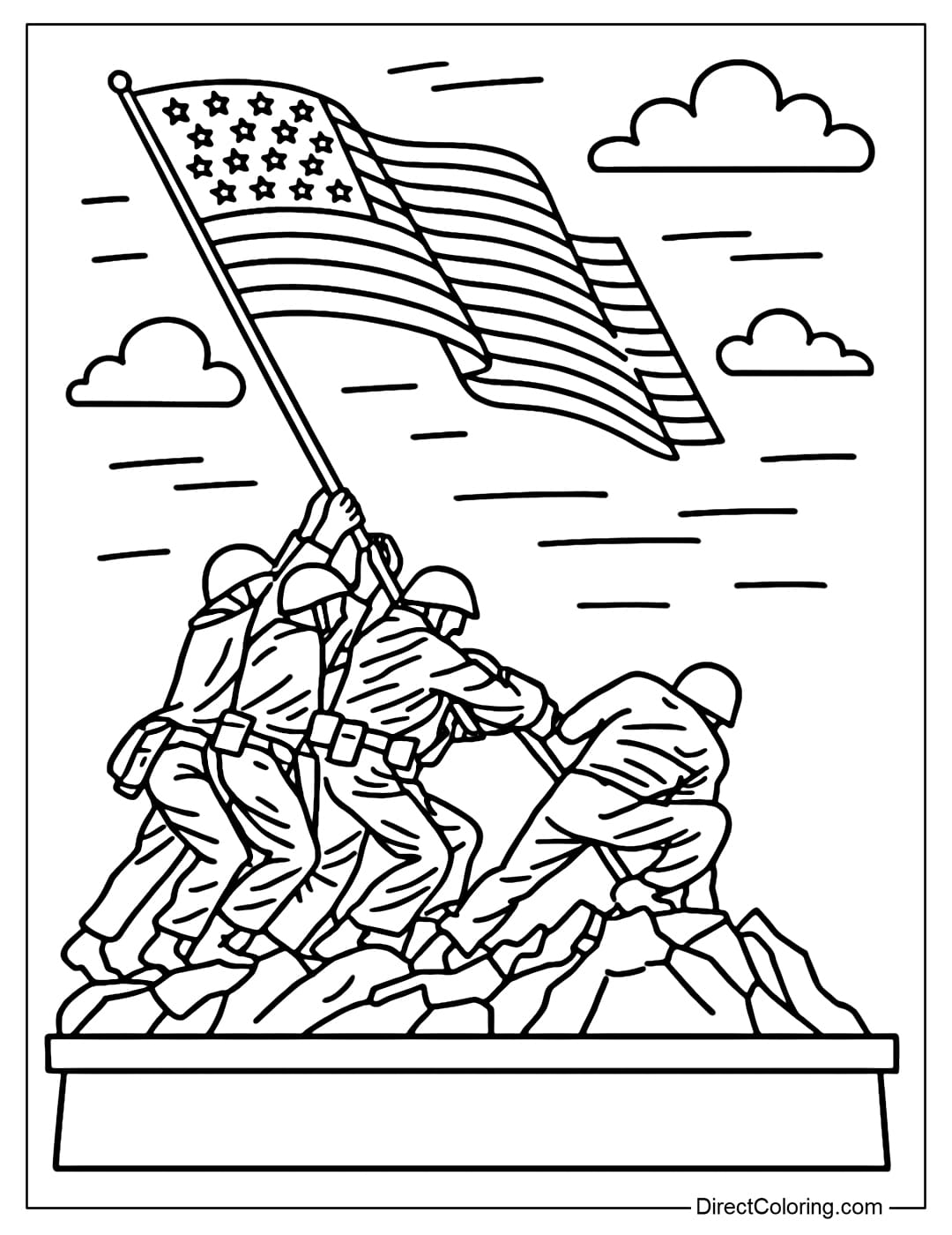 Coloring page of a soldier's monument, with a flying flag and sky in the background.
