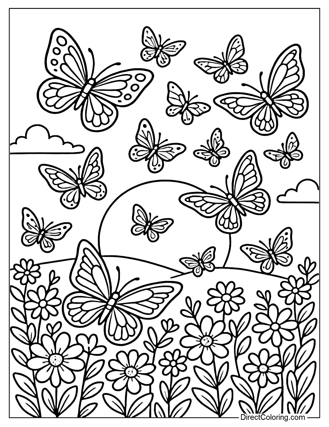 A colorful flower garden coloring page at sunset, dozens of butterflies of all sizes are flying in flocks, their wings spread out with clear patterns, the background is just the sky and a few low flower bushes.
