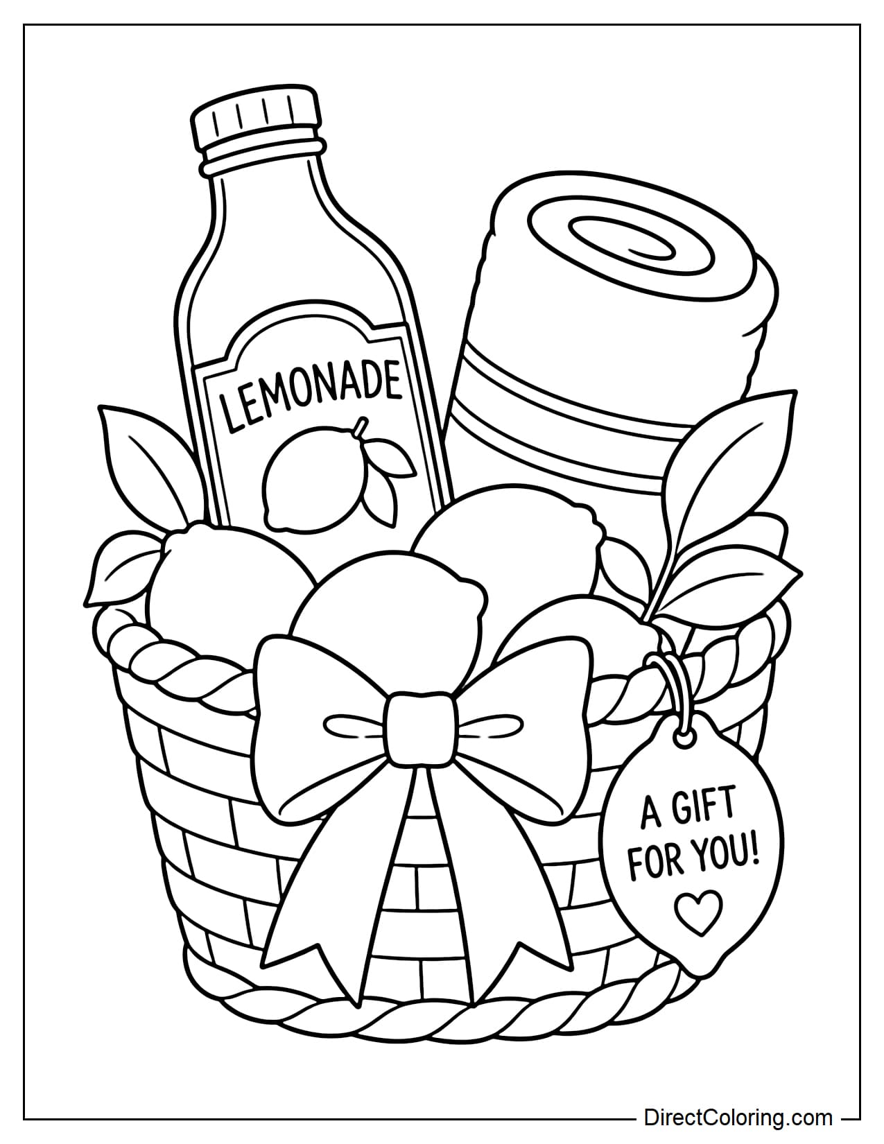 A summer gift basket containing lemons, a bottle of lemonade, a rolled-up towel, and a lemon-shaped card, tied with a simple large bow.