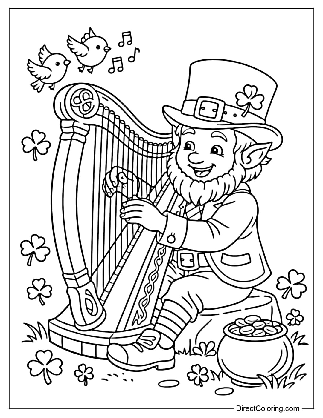 A coloring page of a Leprechaun playing the traditional Irish harp.