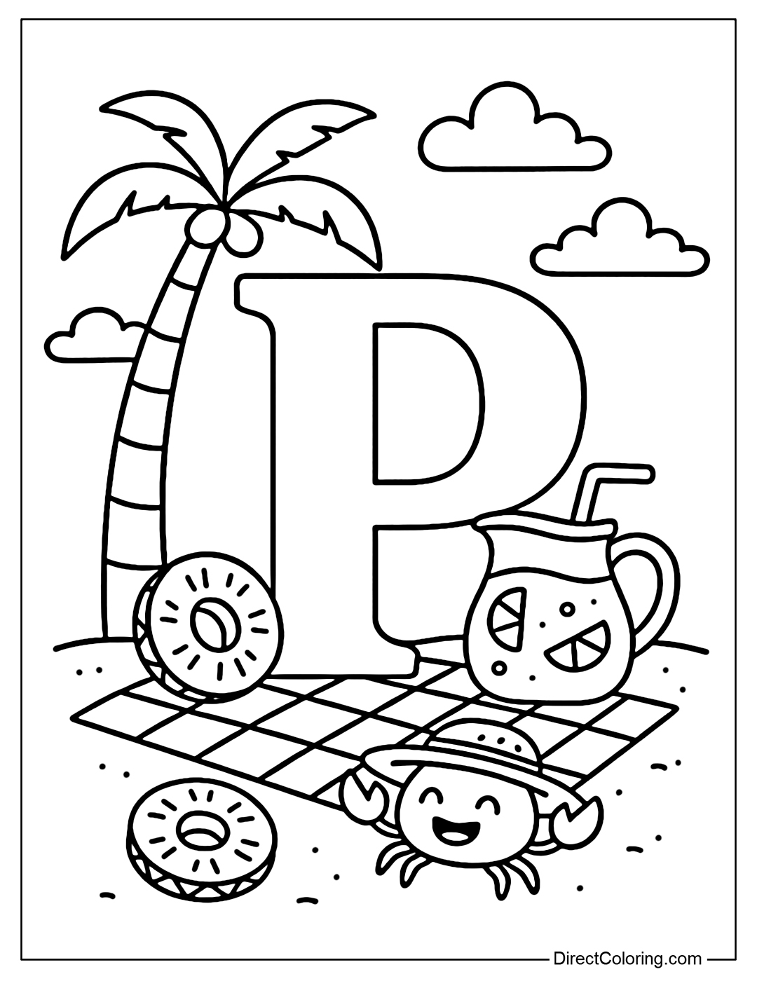 Letter P coloring page standing on a golden sand beach, surrounded by pineapple slices, a jug of juice, a plaid picnic towel and a little crab wearing a straw hat smiling brightly.