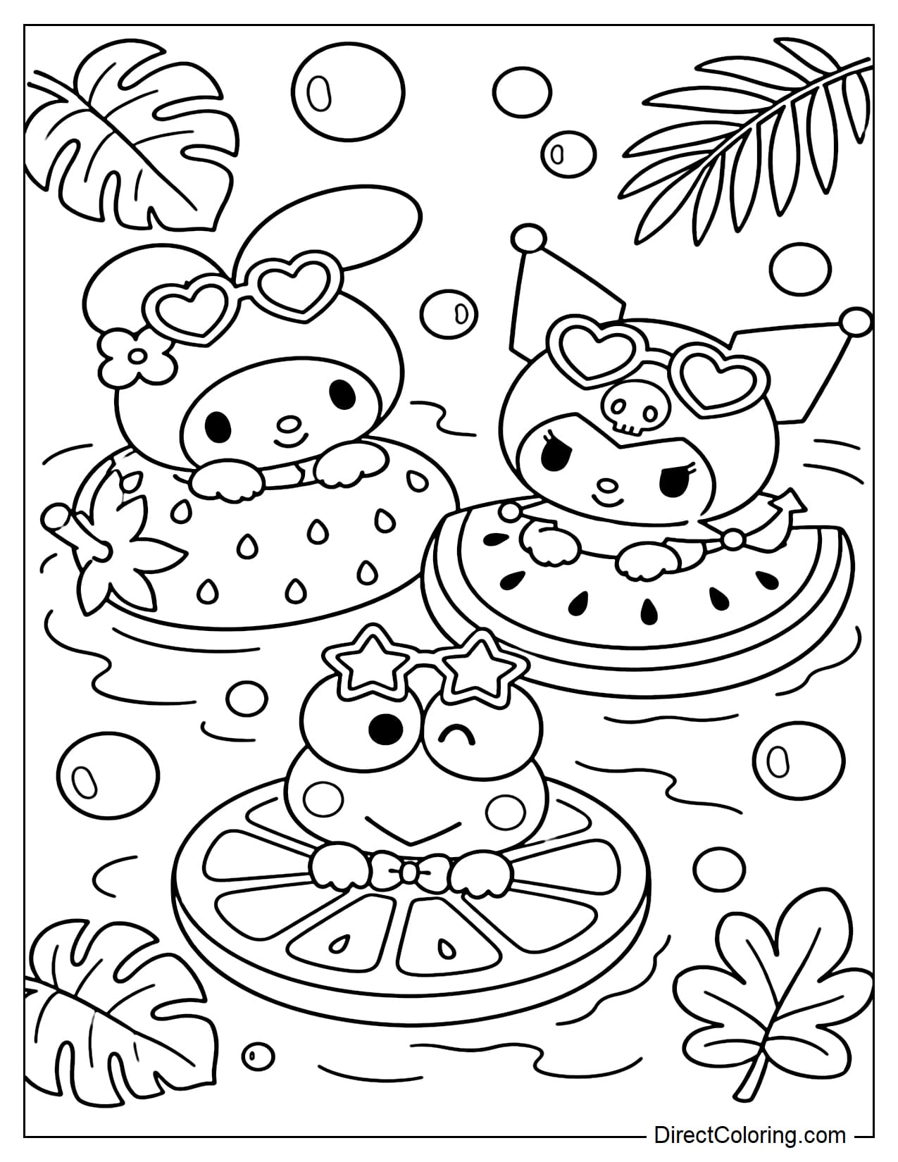 My Melody, Kuromi, and Keroppi are sitting on fruit-shaped floats in a summer pool.