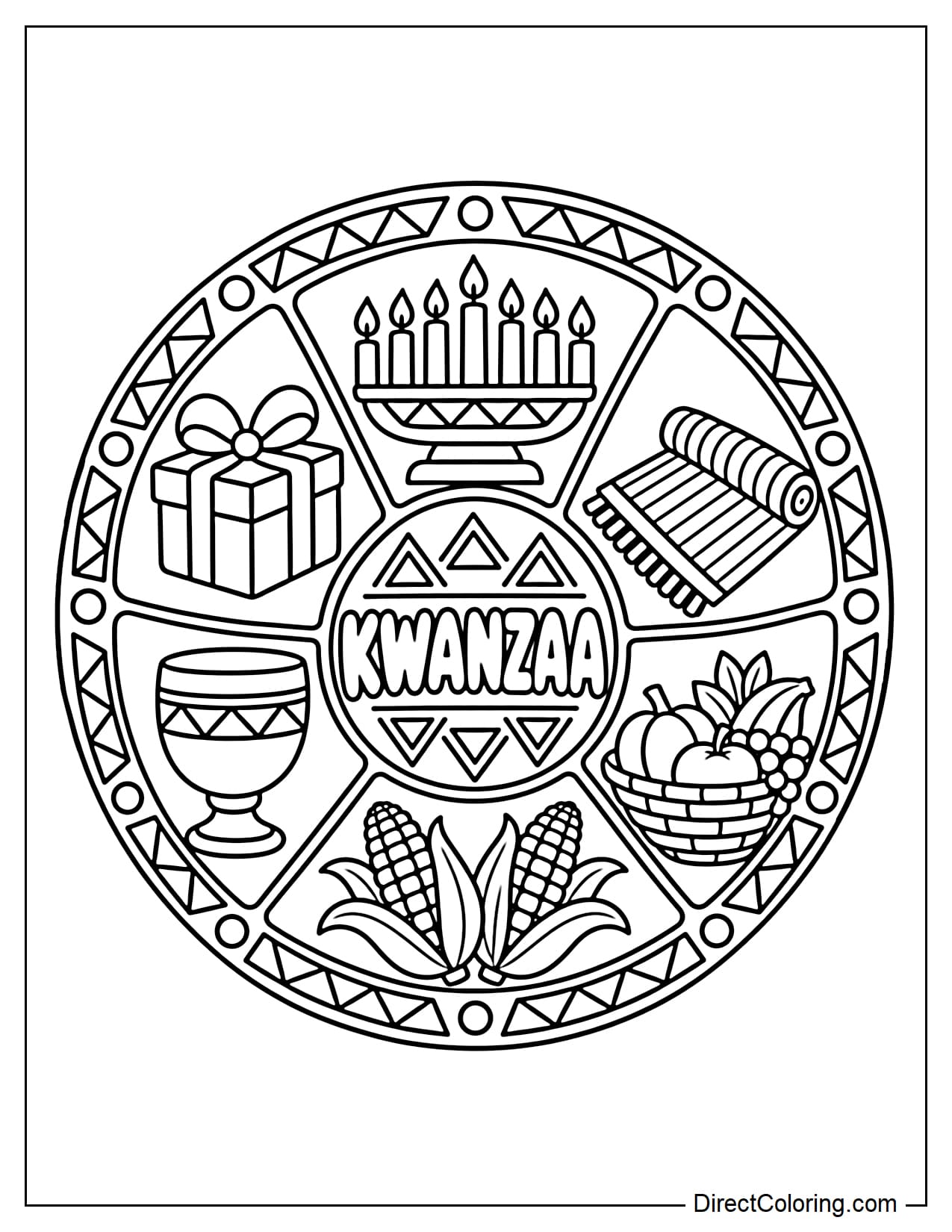 A large circle is divided into seven sections, each featuring a traditional Kwanzaa symbol, with the word 
